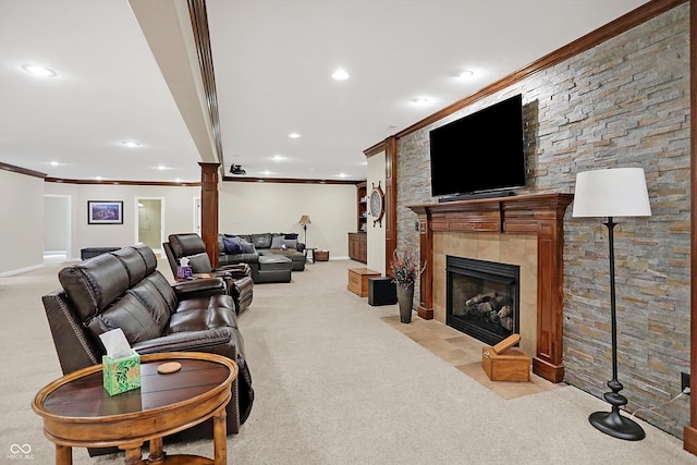 2110 Cheviot Ct, Greenwood, IN 46143 - carpeted living room with ornamental molding, a fireplace, recessed lighting, and baseboards