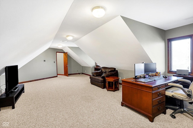 2110 Cheviot Ct, Greenwood, IN 46143 - home office featuring light carpet, vaulted ceiling, and baseboards