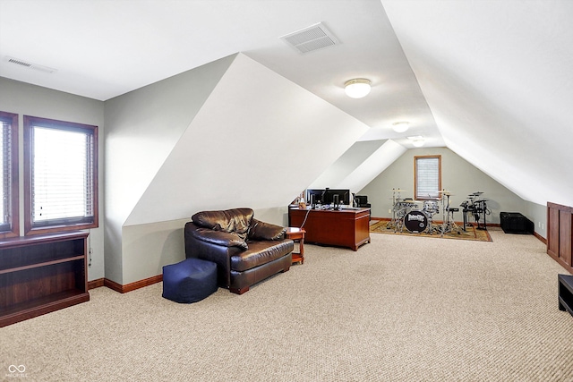 2110 Cheviot Ct, Greenwood, IN 46143 - sitting room featuring carpet floors, lofted ceiling, and baseboards