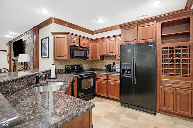 2110 Cheviot Ct, Greenwood, IN 46143 - kitchen featuring black appliances, a sink, open shelves, brown cabinetry, and crown molding