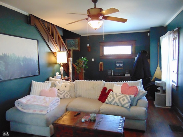 living area featuring stairs, wood finished floors, crown molding, and ceiling fan