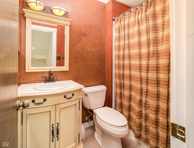 bathroom featuring toilet, vanity, and a shower with curtain