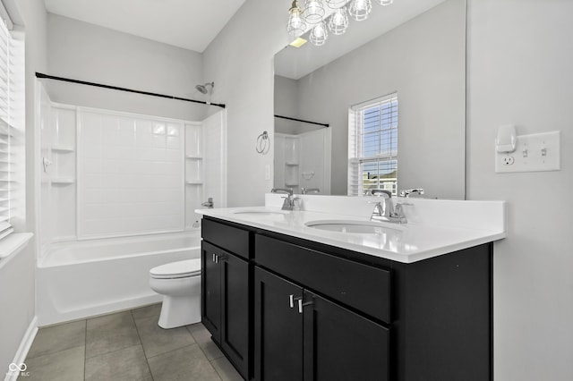 bathroom featuring tile patterned flooring, shower / washtub combination, toilet, double vanity, and a sink