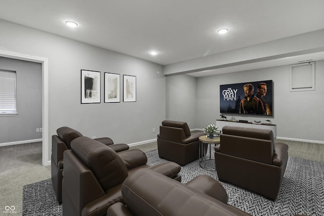 carpeted home theater room featuring recessed lighting and baseboards