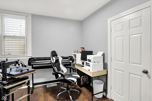 office area with dark wood-style flooring