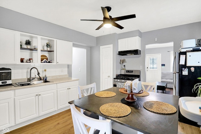 dining room featuring light wood finished floors and ceiling fan