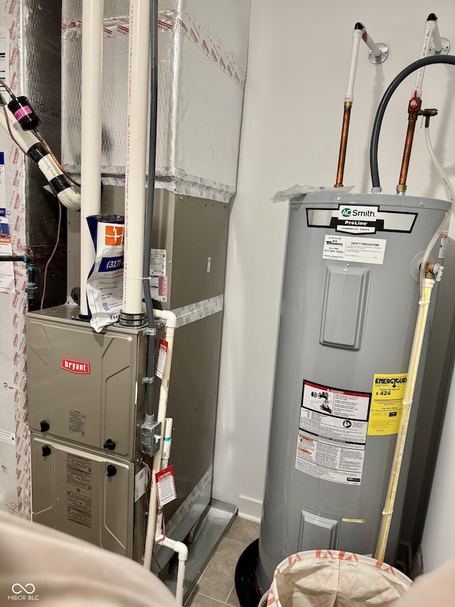 utility room with heating unit and electric water heater