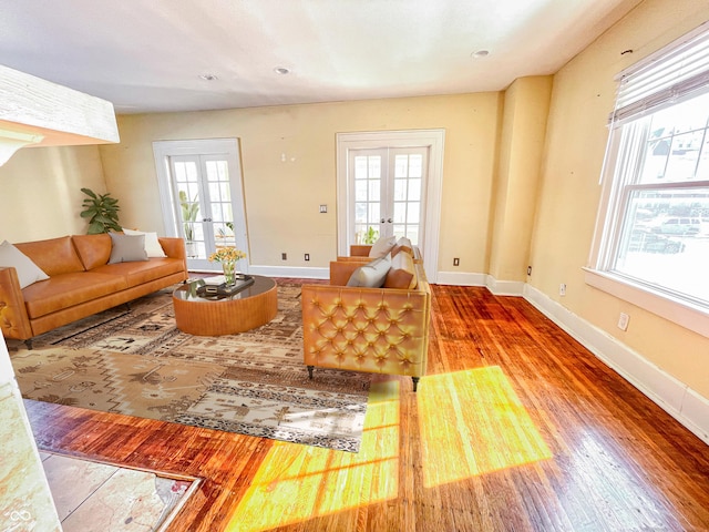 living room with french doors, wood finished floors, and baseboards