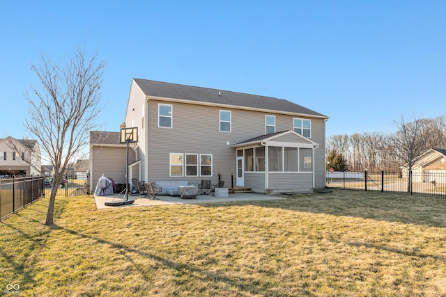 back of property featuring a patio, a yard, a fenced backyard, and a sunroom