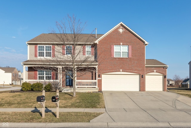 view of front of property with driveway, an attached garage, covered porch, a front lawn, and brick siding