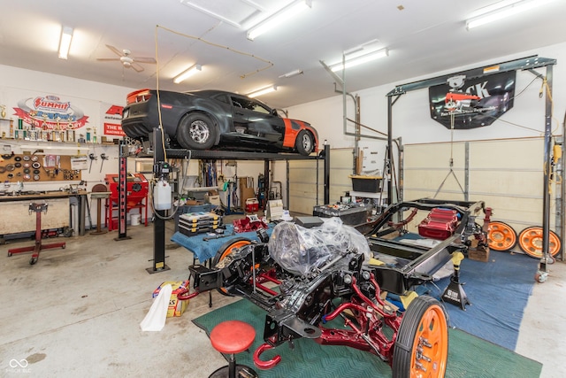 garage with a workshop area