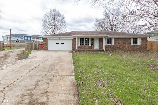 single story home featuring a garage, fence, concrete driveway, and brick siding