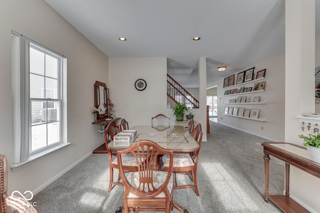 387 Legacy Blvd, Greenwood, IN 46143 - dining space featuring carpet, stairs, recessed lighting, and baseboards