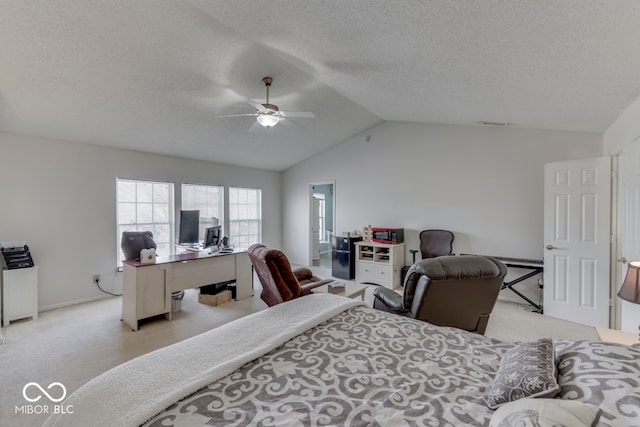 387 Legacy Blvd, Greenwood, IN 46143 - bedroom featuring carpet, a desk, lofted ceiling, a textured ceiling, and a ceiling fan