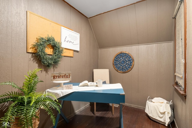 office area featuring lofted ceiling and hardwood / wood-style floors