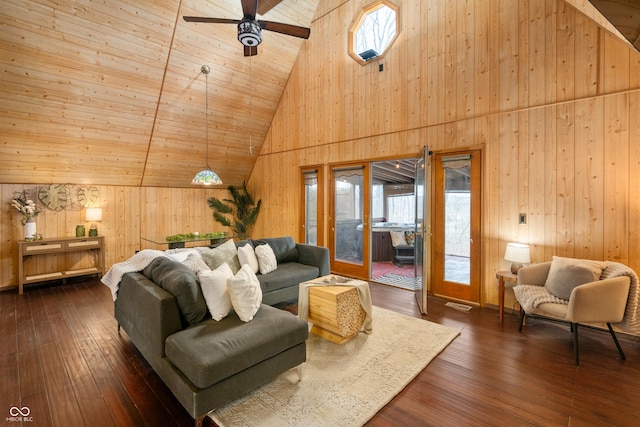 living room featuring dark wood-style flooring, wood walls, wooden ceiling, and a ceiling fan