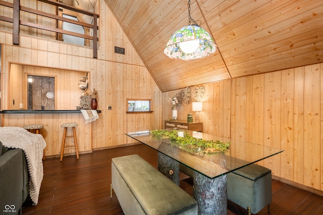 dining area with wooden walls, dark wood-style flooring, visible vents, wood ceiling, and vaulted ceiling