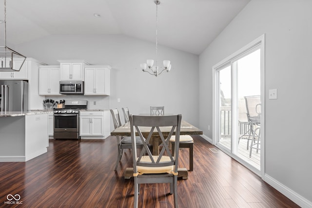 dining space with lofted ceiling, an inviting chandelier, baseboards, and dark wood-type flooring