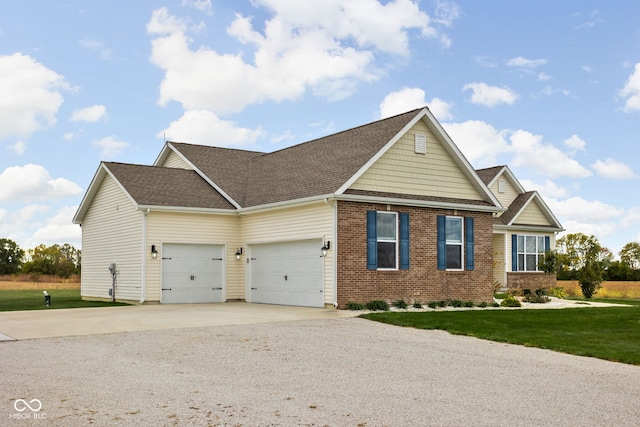 view of front of property with brick siding, roof with shingles, concrete driveway, an attached garage, and a front lawn