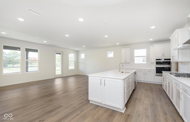 kitchen with light wood finished floors, visible vents, decorative backsplash, appliances with stainless steel finishes, and a sink