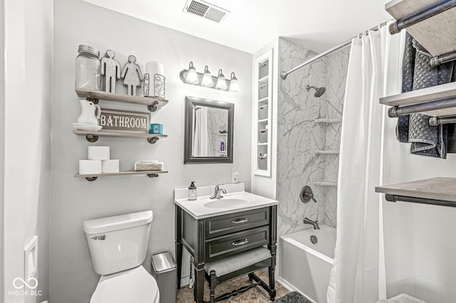 full bath with toilet, visible vents, shower / bath combo with shower curtain, and vanity