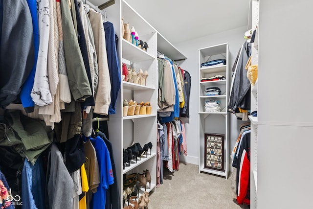 spacious closet featuring light colored carpet