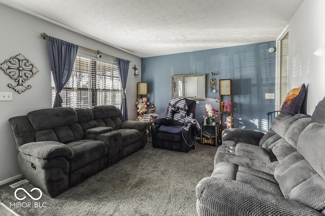 living area with carpet floors and a textured ceiling