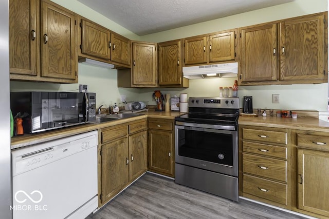 kitchen with dishwasher, stainless steel electric stove, under cabinet range hood, black microwave, and a sink