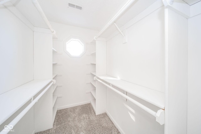 spacious closet with light colored carpet and visible vents