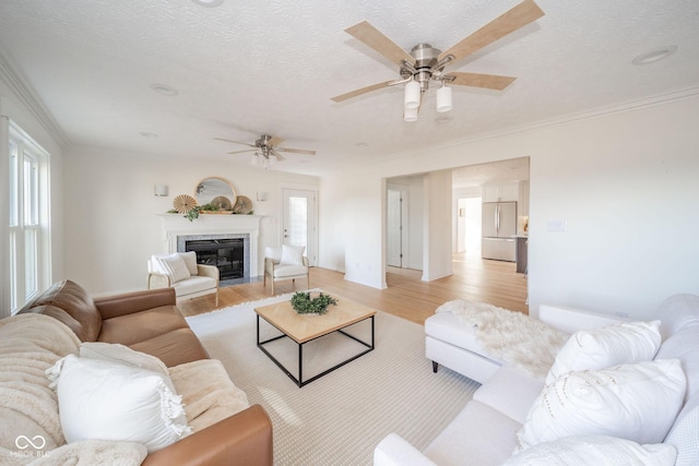 living room with a fireplace with flush hearth, light wood-type flooring, and a textured ceiling