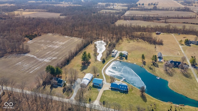 bird's eye view with a water view and a rural view