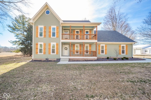 view of front of property featuring a porch, a front yard, crawl space, and a balcony