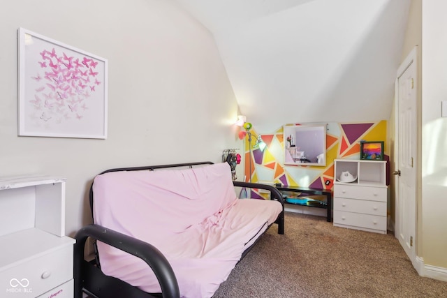 carpeted bedroom featuring vaulted ceiling