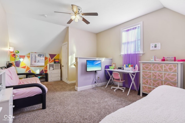 bedroom featuring a ceiling fan, carpet flooring, vaulted ceiling, and baseboards