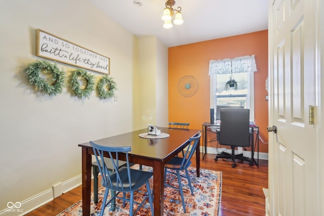 dining room featuring dark wood-type flooring and baseboards