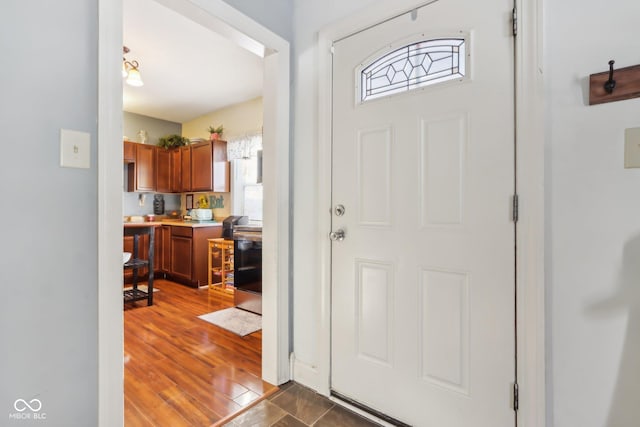 entrance foyer with dark wood-style flooring