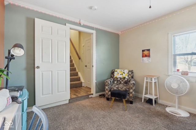 sitting room featuring carpet floors, crown molding, baseboards, and stairs