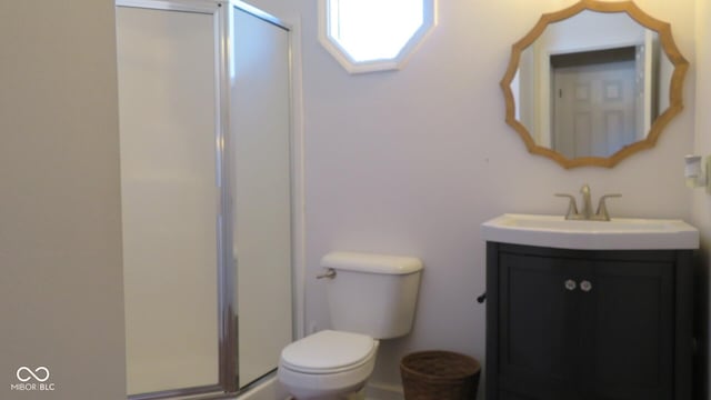 full bathroom featuring toilet, a shower stall, and vanity