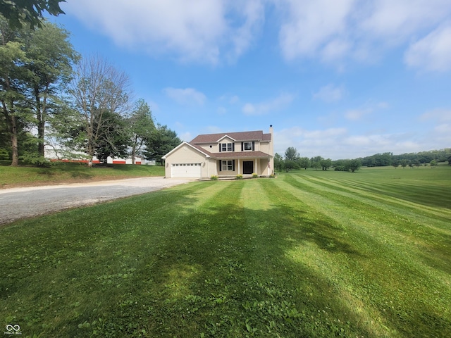 1588 E US Highway 136, Hillsboro, IN 47949 - traditional-style home with driveway, a front lawn, an attached garage, and a chimney