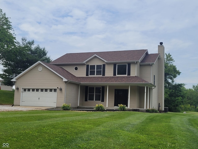 1588 E US Highway 136, Hillsboro, IN 47949 - view of front facade with a chimney, a porch, a front lawn, an attached garage, and dirt driveway