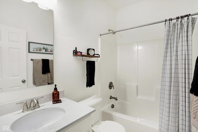 full bath with vanity, toilet, and shower / tub combo with curtain