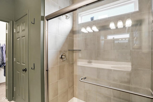 full bathroom featuring a closet and a shower stall