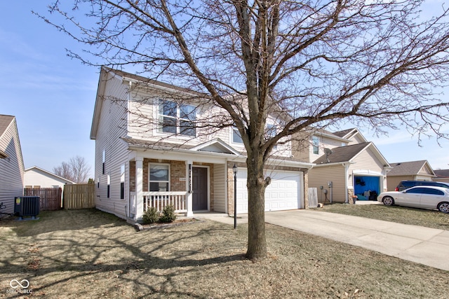 view of front of house featuring fence, central air condition unit, a porch, driveway, and an attached garage