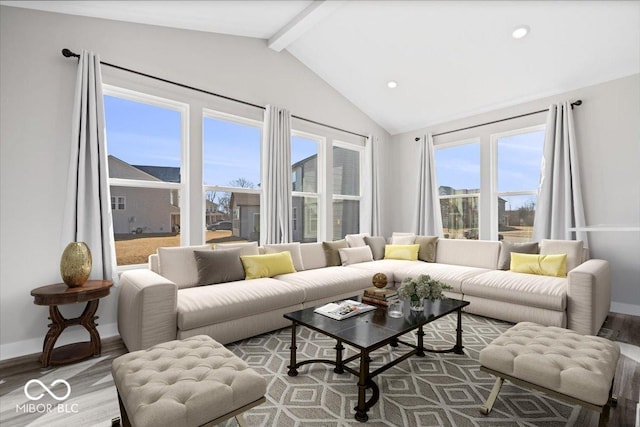 living area with light wood-type flooring, vaulted ceiling with beams, baseboards, and recessed lighting