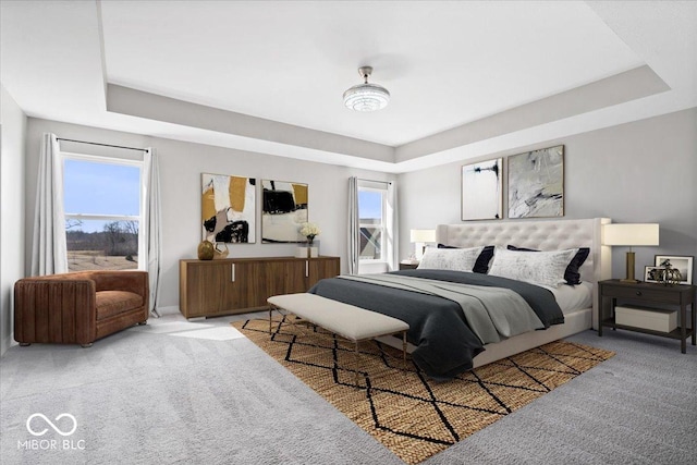 carpeted bedroom with multiple windows and a tray ceiling