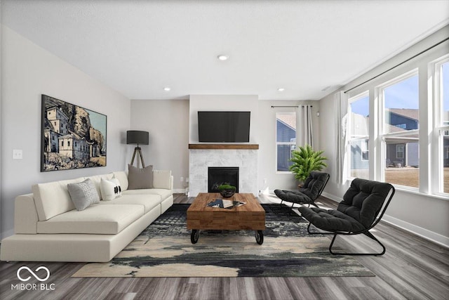 living area featuring a fireplace, baseboards, wood finished floors, and recessed lighting