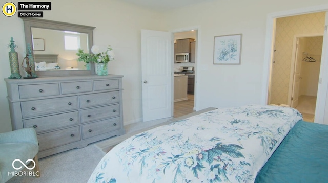 bedroom featuring light colored carpet, baseboards, and wallpapered walls