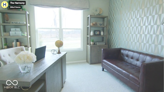 home office with light colored carpet and baseboards