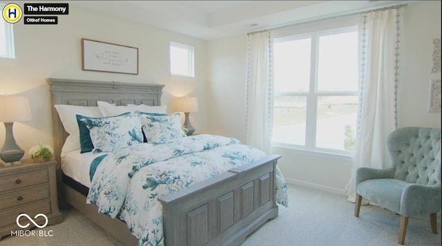 bedroom with light carpet and baseboards