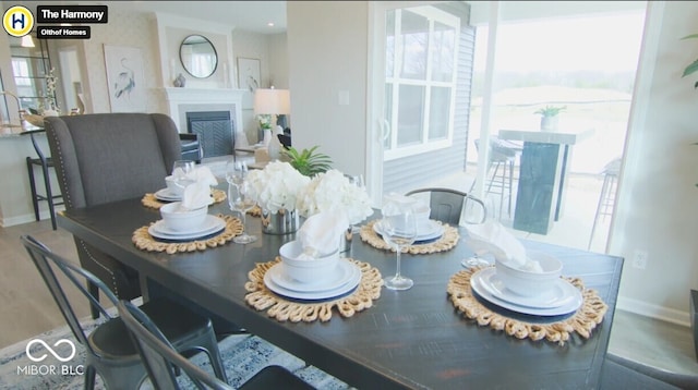 dining space featuring a healthy amount of sunlight, a fireplace, baseboards, and wood finished floors